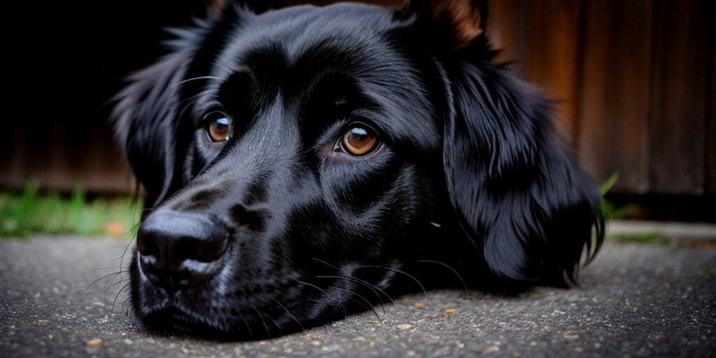 A black dog with light brown eyes is lying on the ground with its head resting on its paws. The dog has a long, thick coat and is looking up at the camera with a sad expression in its eyes.
