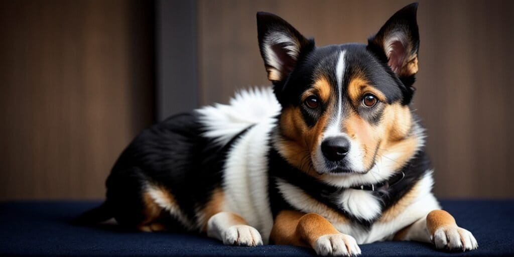A tricolor dog with pointy ears is lying on a blue blanket in front of a brown wooden wall.