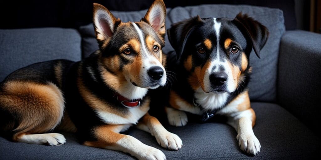 Two dogs, a brown and white corgi mix and a black, white, and brown Australian shepherd mix, are sitting on a couch and looking at the camera.