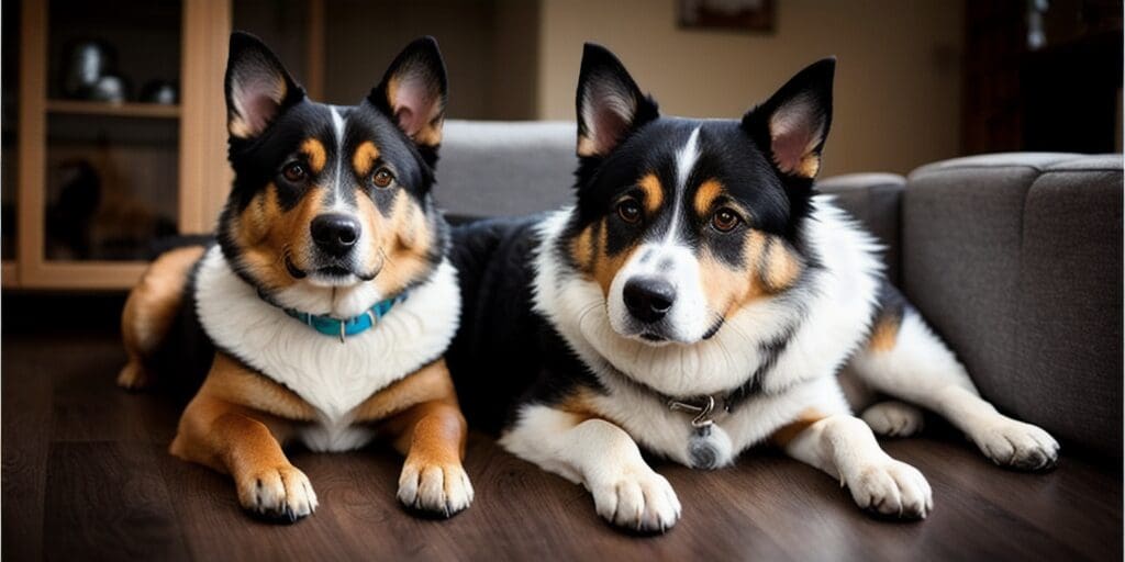 Two Corgi dogs laying on the floor in front a couch. The dog on the left has a blue collar and the dog on the right has a white collar.