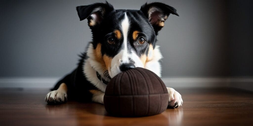 A cute Border Collie dog is holding a football in its paws. The dog is sitting on a wooden floor and looking at the camera.