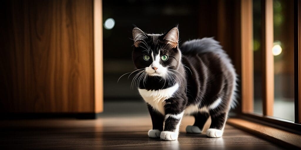 A black and white cat with green eyes is standing on a wooden floor in front of a wooden door. The cat's fur is short and well-groomed.