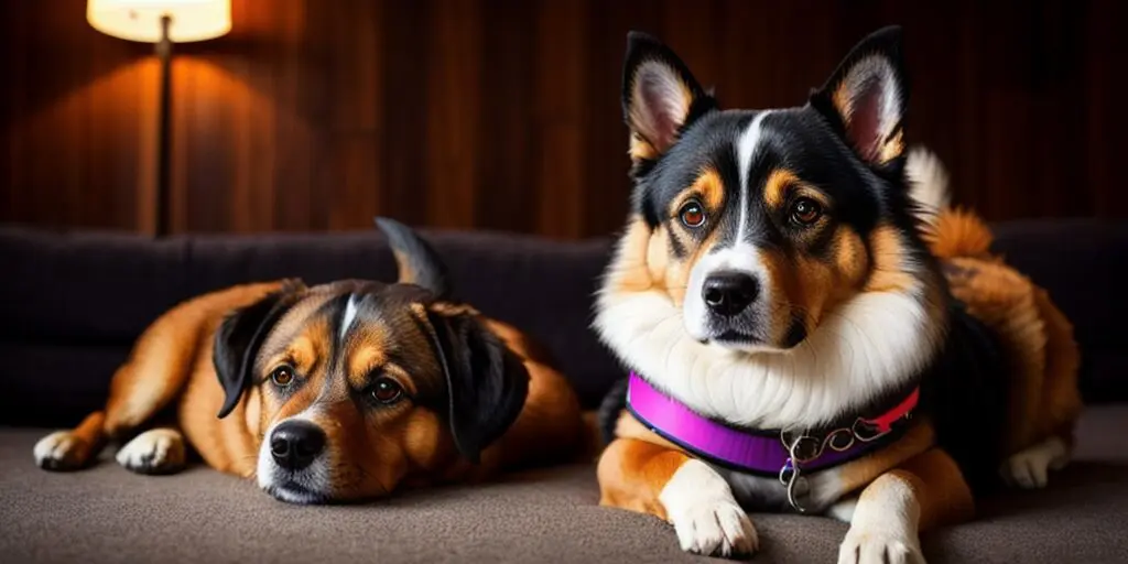 Two dogs are sitting on a couch. The dog on the left is brown and white, and the dog on the right is black, white, and brown. The dog on the right is wearing a purple collar.