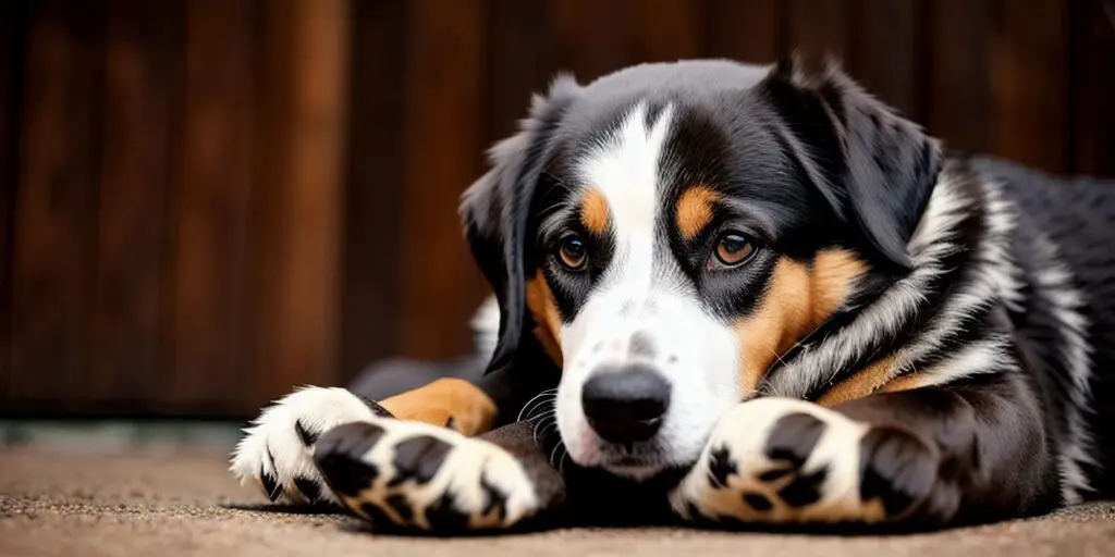 A tricolor Australian Shepherd dog is lying down outside with his head resting on his paws.
