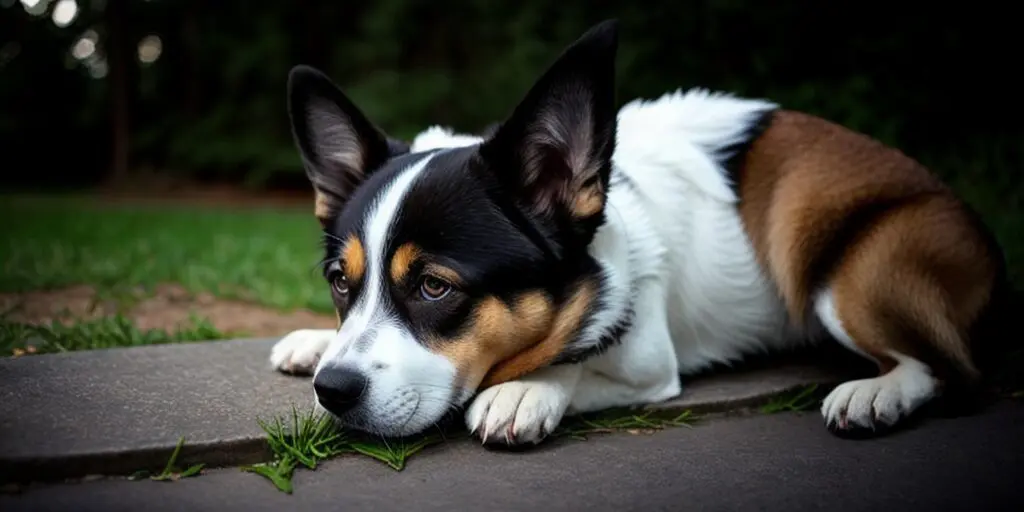 A tricolor Pembroke Welsh Corgi lies on the ground next to some grass, resting it's head in it's paws.
