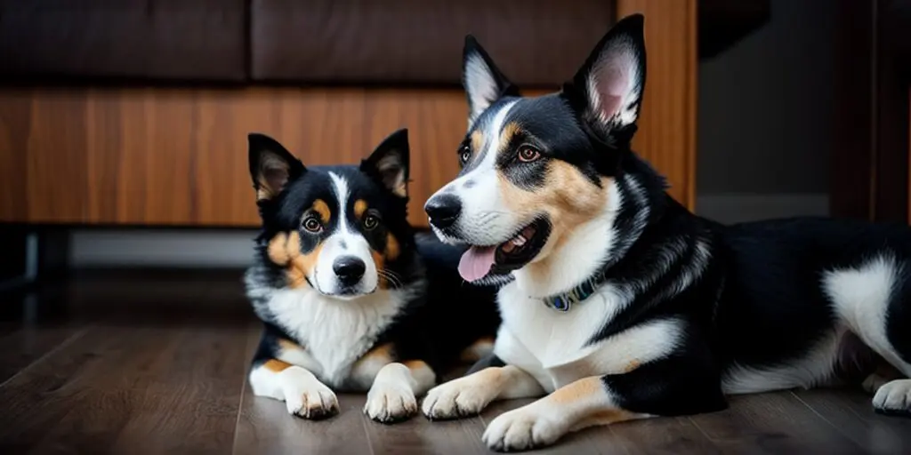 Two cute dogs, a corgi and a border collie mix, are lying on the floor next to each other. The corgi is on the left and the border collie mix is on the right. The corgi has a white and brown coat, and the border collie mix has a black and white coat. They are both looking at the camera.