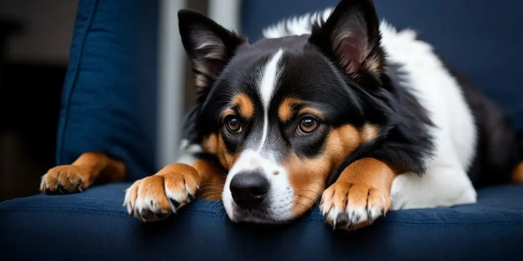 A Border Collie dog with black, white, and brown fur is lying on a blue couch. The dog has its head resting on its paws and is looking at the camera.