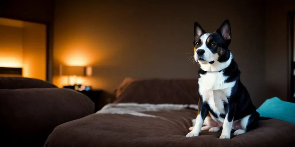 A black and white dog with a long tail is sitting on a brown bedspread in a hotel room. The dog is looking away from the camera. There is a lamp and a pillow on the bed behind the dog.
