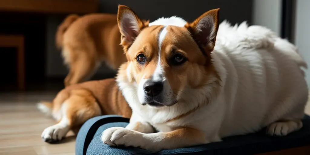 A brown and white corgi dog is sitting on a blue dog bed looking at the camera. There is a brown dog lying in the background.