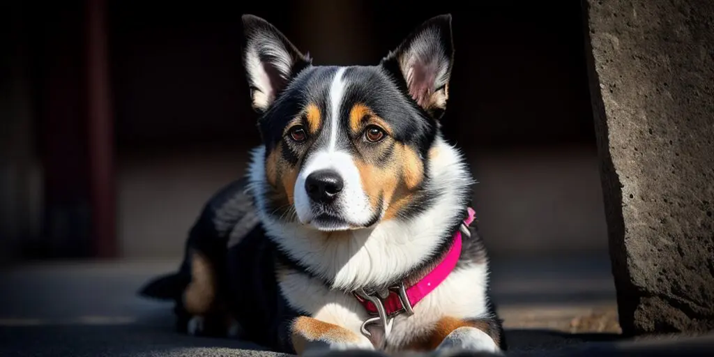 A cute corgi dog with a white and brown coat, wearing a pink collar, is lying on the ground and looking at the camera.