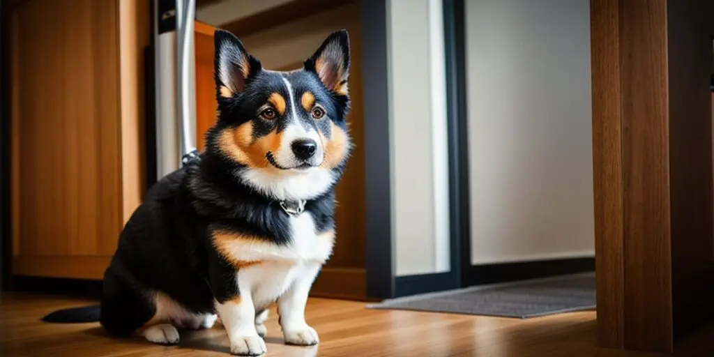 A cute corgi dog with black, white, and brown fur is sitting in a kitchen, looking up at the camera with a happy expression on its face.