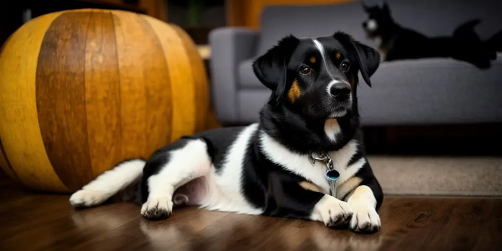 A black, white, and brown dog is lying on the floor in front of a couch. There is a large, round, wooden object and a gray couch in the background.