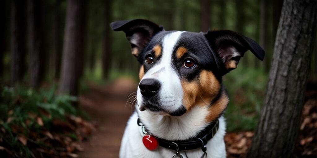 A close up of a black, white, and brown dog with a red collar tag standing in a forest.