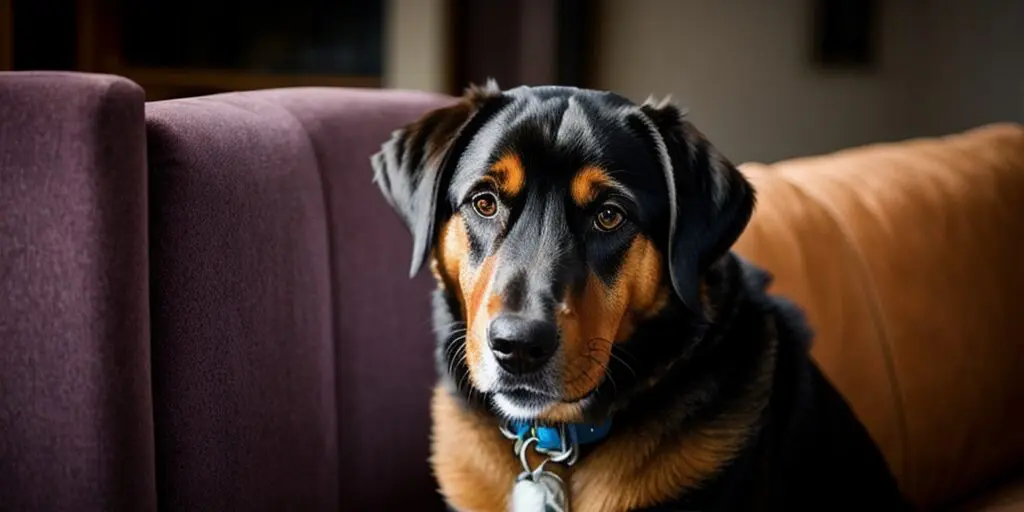 A black and tan dog with a white patch of fur on its chest is sitting on a couch. The dog has a blue collar with a tag on it and is looking at the camera with a serious expression.