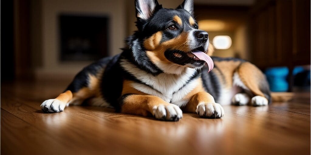 A tricolor Pembroke Welsh Corgi lies on a wooden floor with its tongue out.