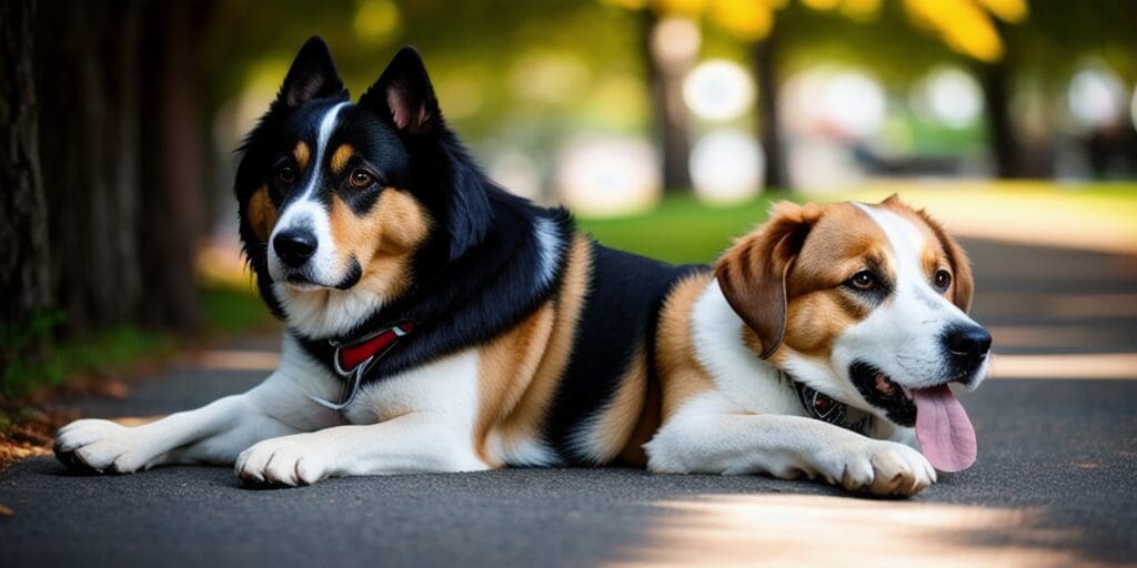 Two dogs, a Border Collie and a Beagle, are lying on the ground next to each other. The Border Collie is black, white, and tan, while the Beagle is brown and white. They are both wearing collars and the Beagle has its tongue out.