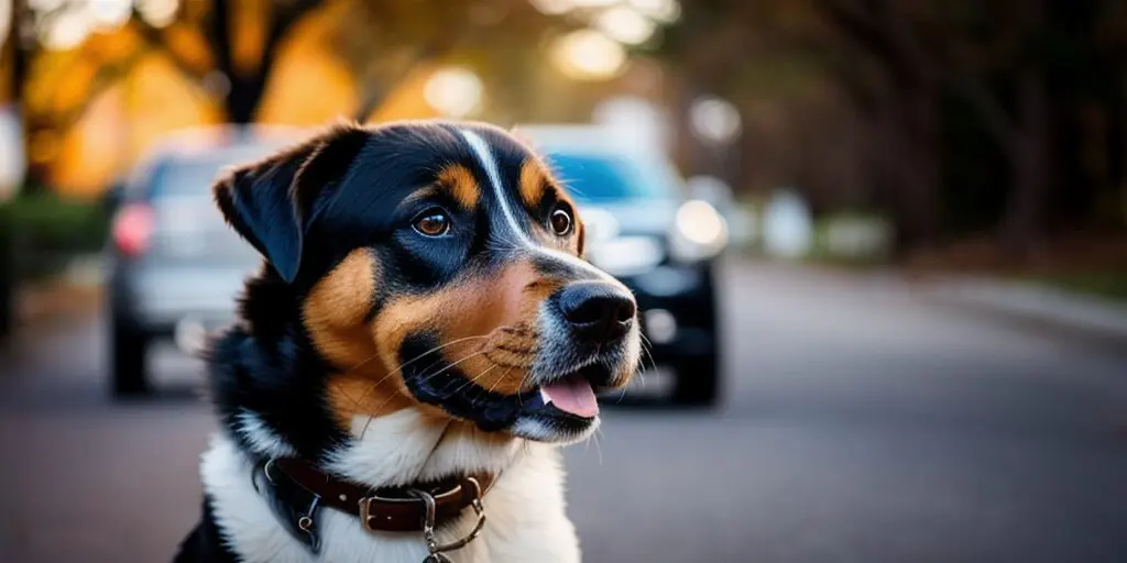 A closeup of a dog's face with a blurred background of a street with cars.