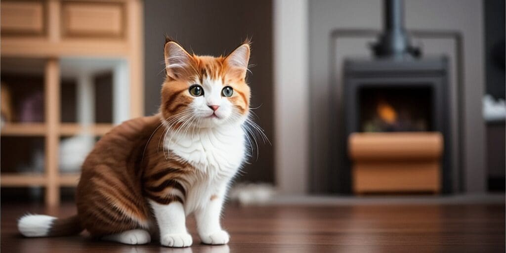 A ginger and white kitten is sitting on the floor in front of a fireplace. The kitten is looking up at the camera with its green eyes. The fireplace is lit and there is a fire burning inside.