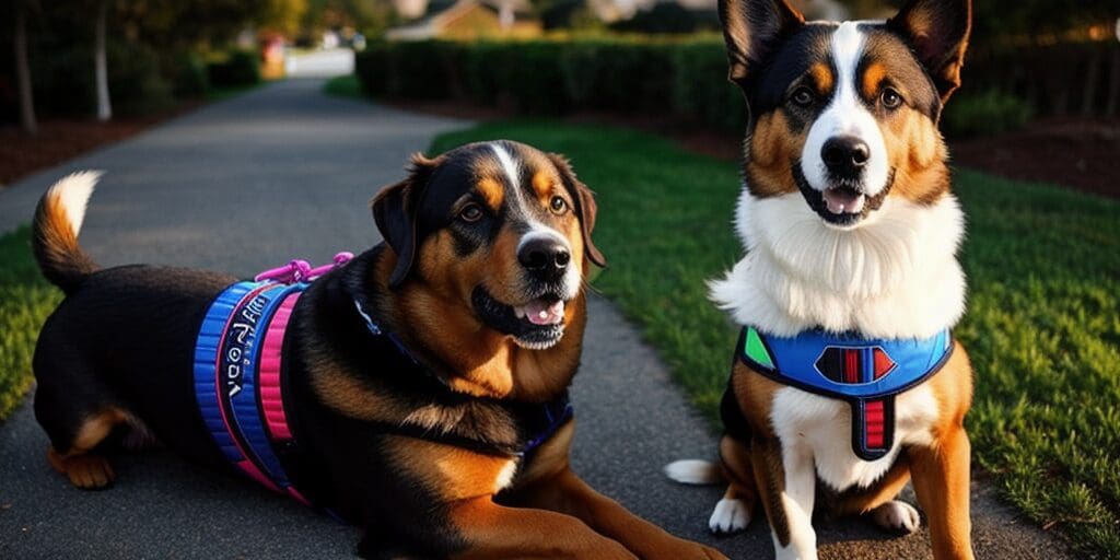 Two dogs, a black tricolor and a brown tricolor, wearing colorful harnesses, are sitting on a paved path next to each other.