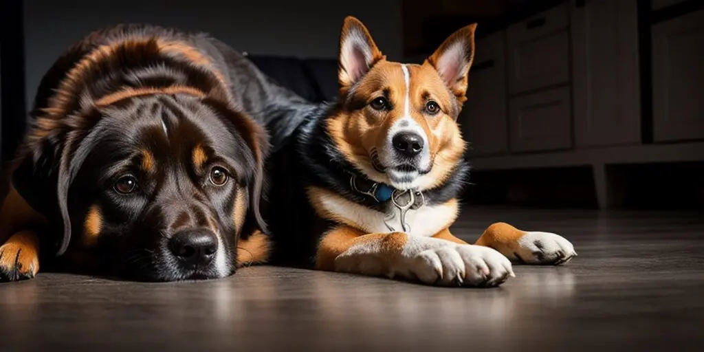 Two dogs are lying on the floor. The dog on the left is black, the dog on the right is brown and white.