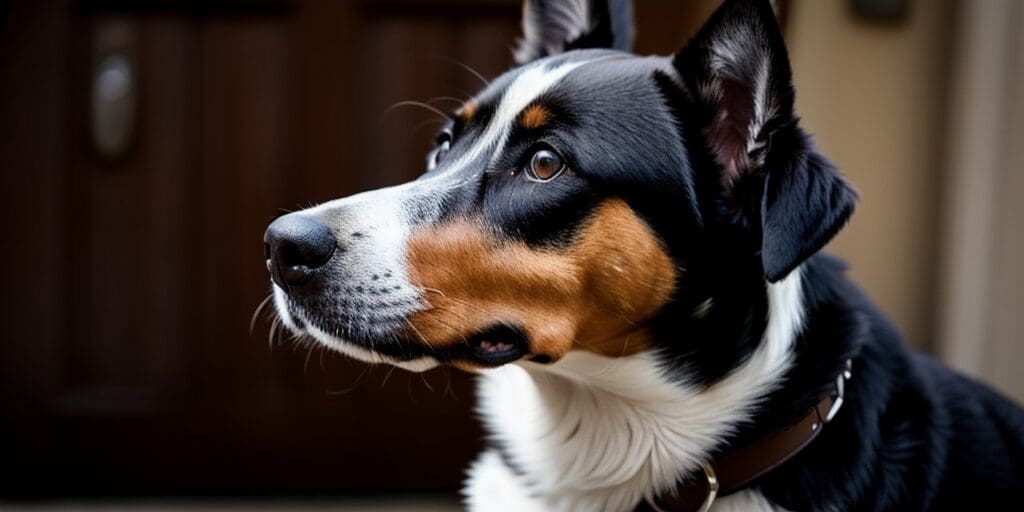 A close-up portrait of a Border Collie dog looking off to the side with a brown background.
