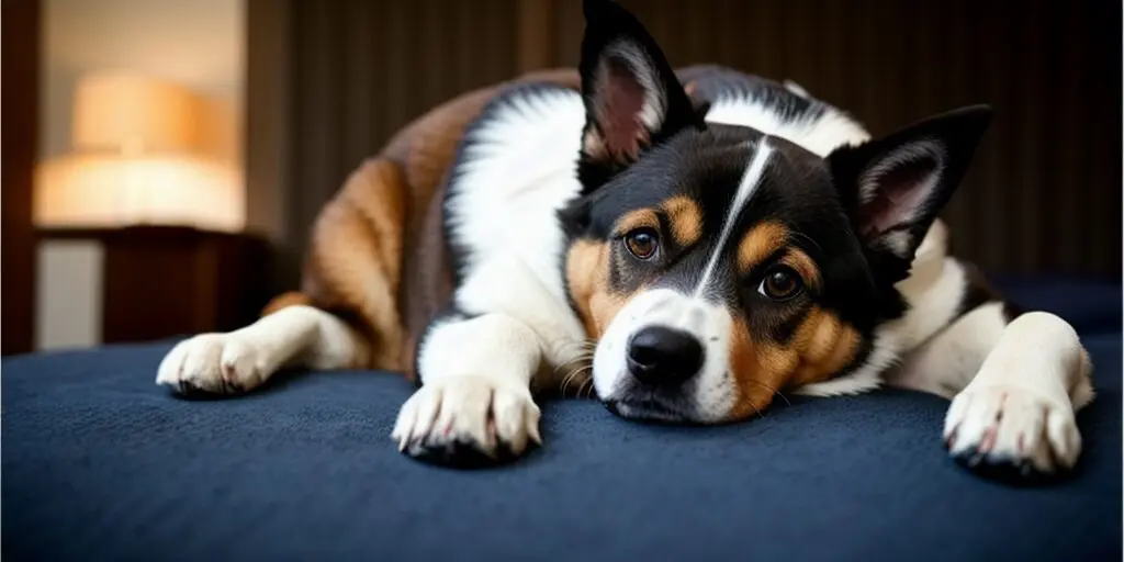 A tricolor Australian Shepherd dog is lying on a blue bedspread looking at the camera with a sad expression in its eyes.