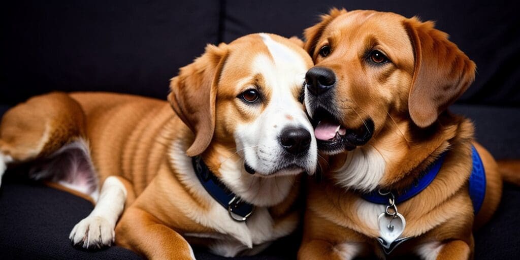 Two dogs, one brown and white, the other brown and tan, are lying on a black couch. The brown and white dog has its head resting on the tan dog's shoulder. They are both wearing blue collars with tags.