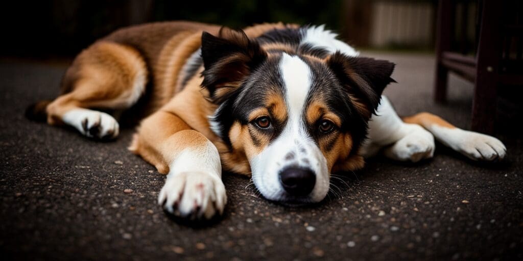 A brown and white Border Collie dog is lying on the ground with its head resting on its paws. The dog has a dark brown coat with white paws, a white blaze on its forehead, and a white collar. Its eyes are dark brown and its nose is black. The dog is lying on a dark gray concrete surface.