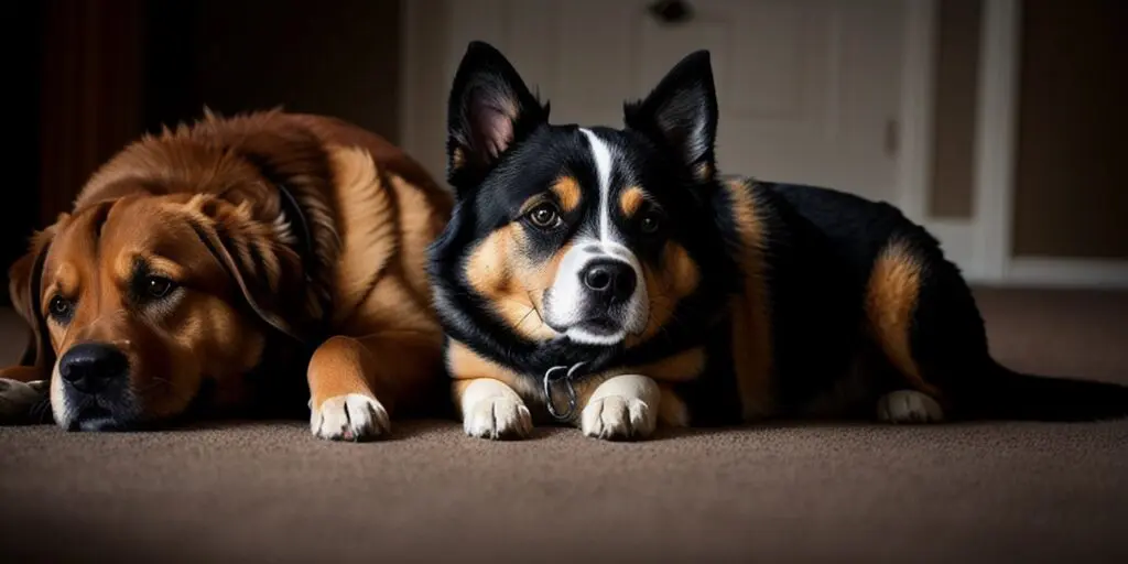 Two dogs are lying on a brown carpet. The dog on the left is brown and the dog on the right is black and white.
