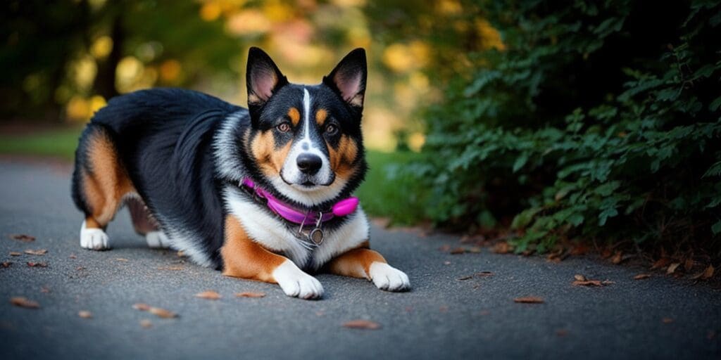 A tricolor Pembroke Welsh Corgi with a pink collar is lying on the ground in front of a bush. The Corgi is looking at the camera with a happy expression on its face.