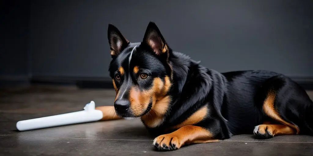 A black and tan dog with a white blaze on its chest is lying on the ground next to a white object. The dog has its head turned to the side and is looking at the camera. The dog is a mixed breed and has short fur.