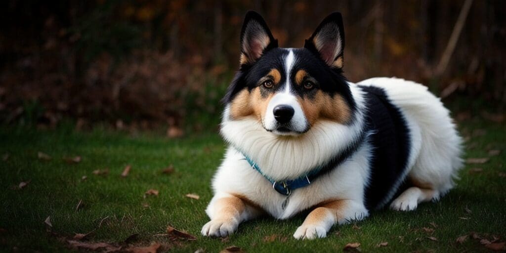 A tricolor Pembroke Welsh Corgi lies in the grass outside, looking at the camera.
