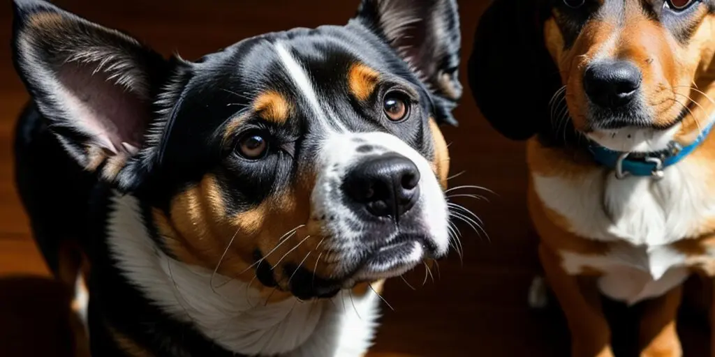 A close-up of a black, white, and brown dog looking up with a curious expression on its face. There are two other dogs in the background, one brown and white and the other black and tan.