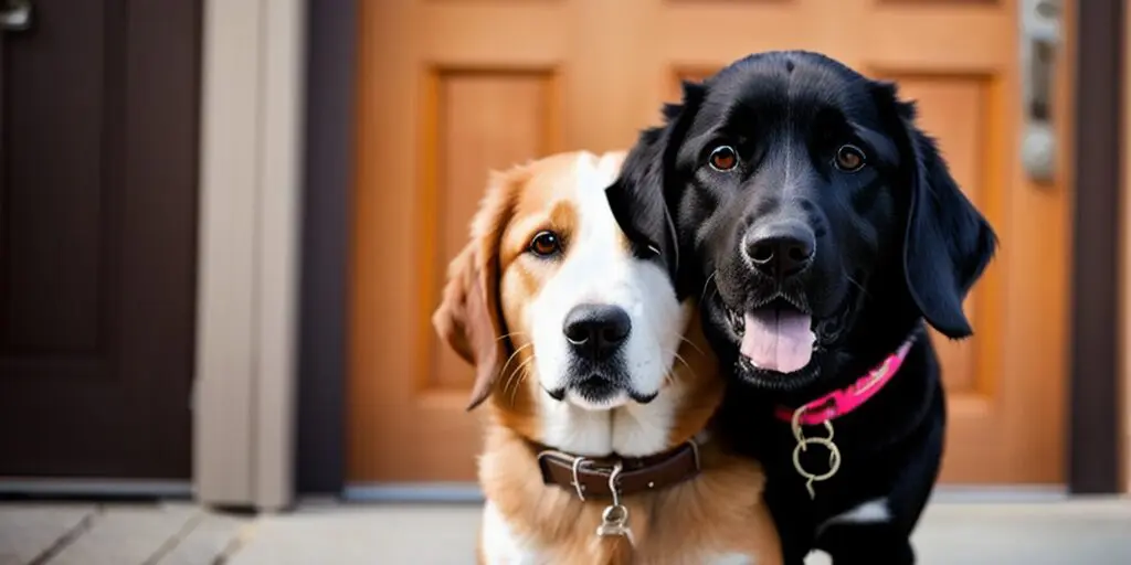 A golden retriever and a black labrador retriever sitting side by side in front of a brown door. The golden retriever has a brown collar and the black labrador retriever has a pink collar.