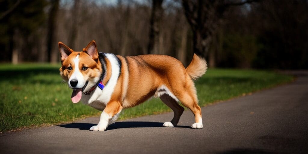 A small corgi dog with white and brown fur is walking on a paved path in a park with trees in the background.