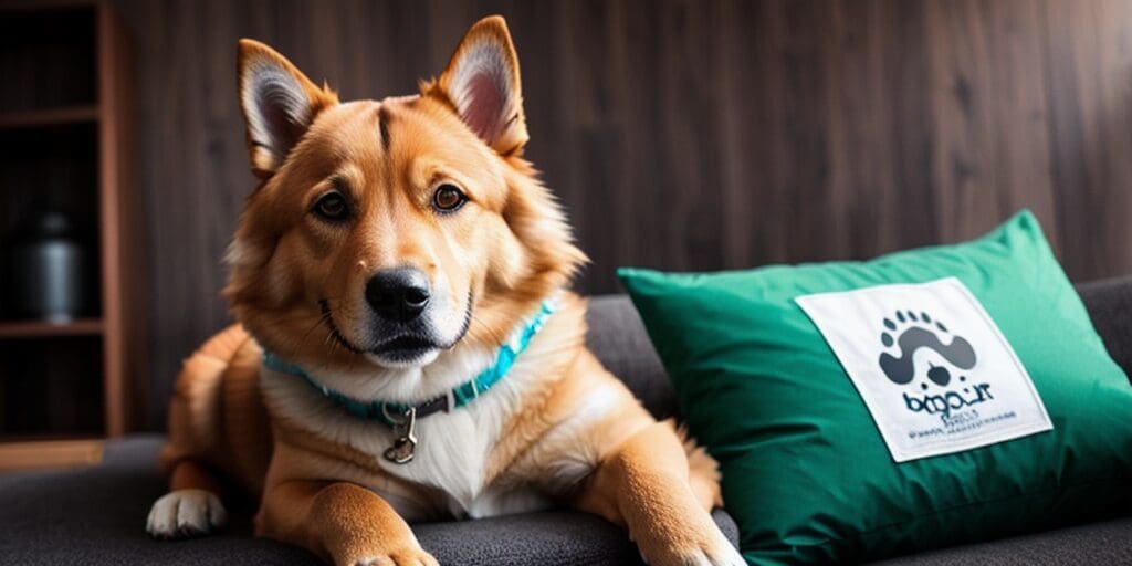 A brown dog with a white patch of fur on its neck is lying on a couch. The dog is wearing a blue collar with a tag. There is a green pillow with a white paw print on it behind the dog.