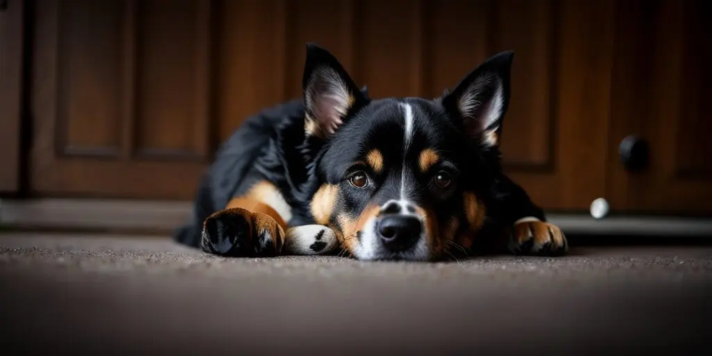 A black tricolor Border Collie dog is lying on the floor in front of a brown wooden door. The dog has its head resting on its paws and is looking at the camera with a slightly sad expression.