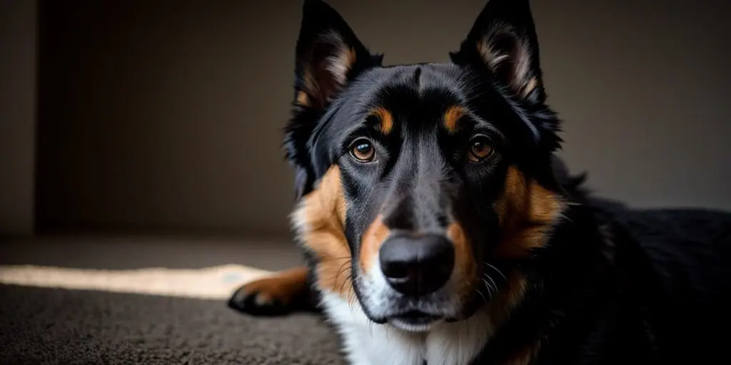A close up of a border collie dog looking at the camera with a serious expression on its face.