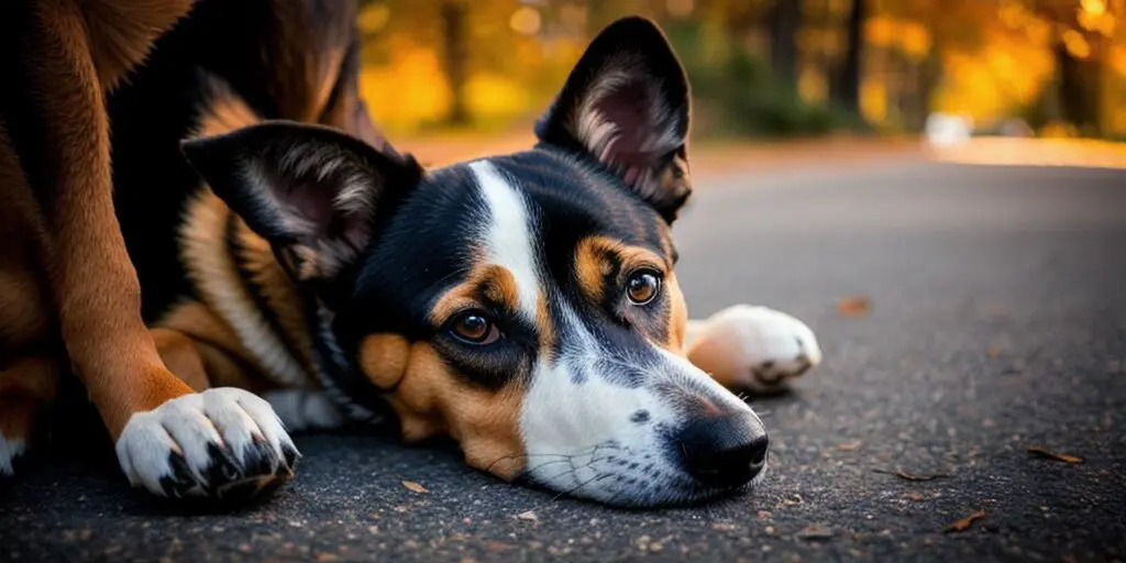 A tricolor dog with one brown and one black ear is lying on the asphalt next to a brown dog. The dog has a white blaze on its chest and white paws. The background is blurry and looks like a road with trees.