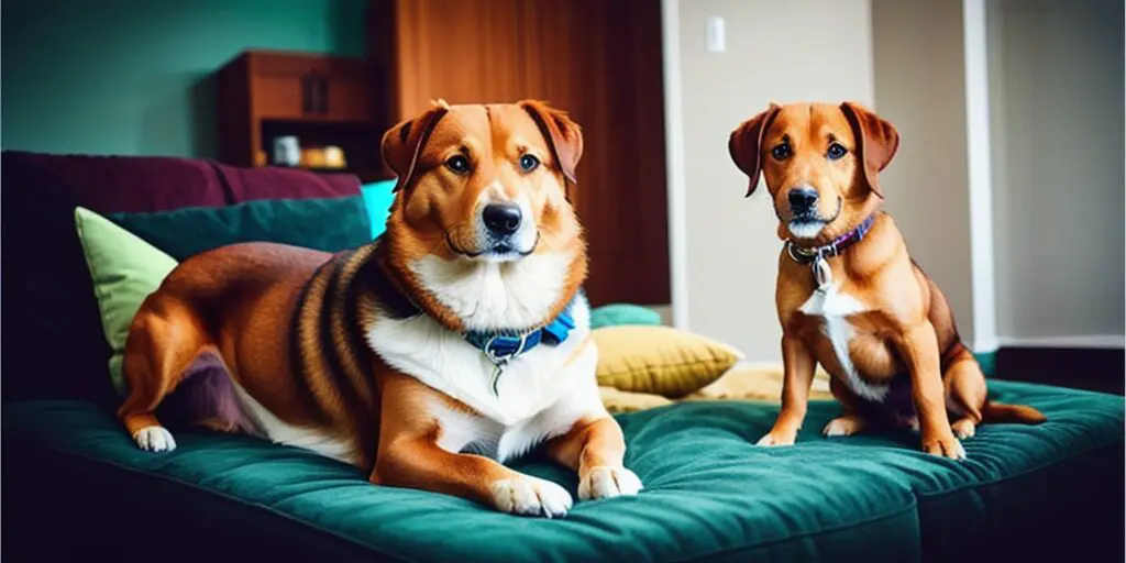Two dogs are sitting on a green couch in a living room. The dog on the left is brown and white, and the dog on the right is brown and tan.