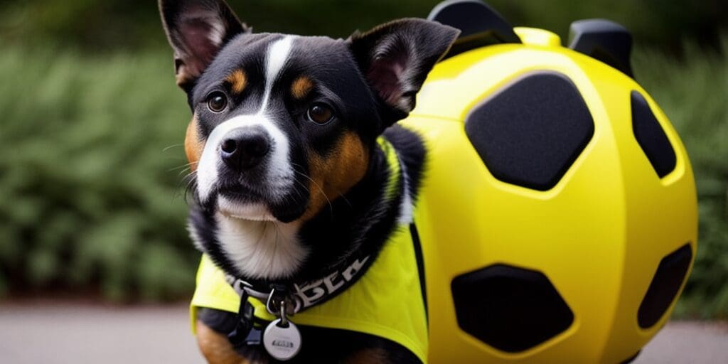A small dog wearing a yellow and green vest and a yellow soccer ball-shaped backpack is standing on a sidewalk, looking at the camera.