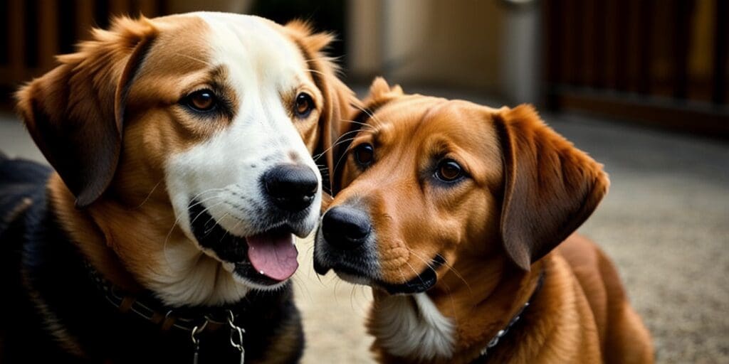 A close-up of two dogs looking at each other with their mouths slightly open and tongues hanging out.