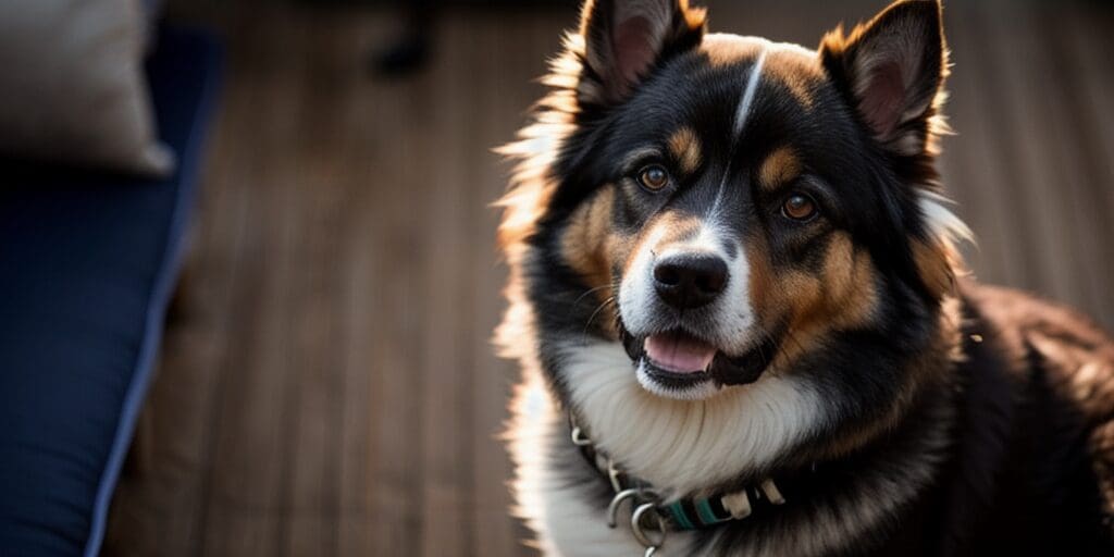 A close-up portrait of a smiling Australian Shepherd dog with brown, black, and white fur.