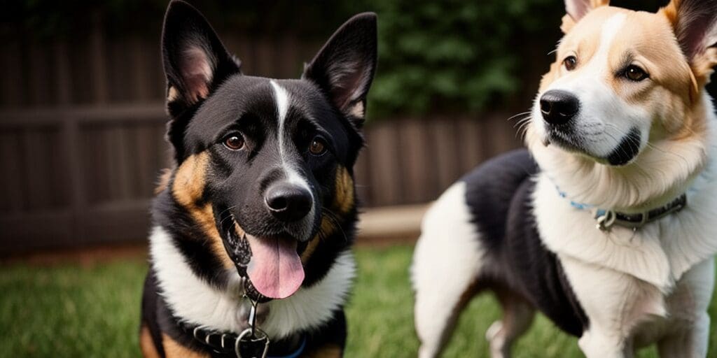 A black and white dog with a happy expression on its face is standing next to a brown and white dog with a more serious expression. They are both wearing collars and are standing in a grassy area outside.