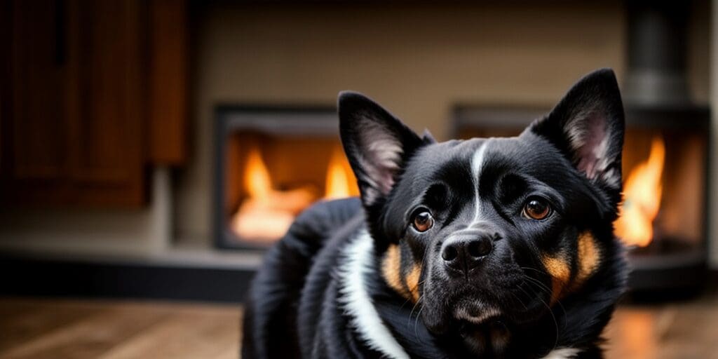 A black dog with a white collar is lying in front of a fireplace. The dog has its head turned to the side and is looking at the camera. The fireplace is lit and there are flames visible.