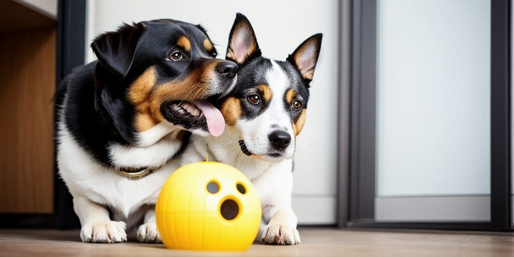 A black and white dog and a brown and white dog are sitting on the floor next to a yellow toy.