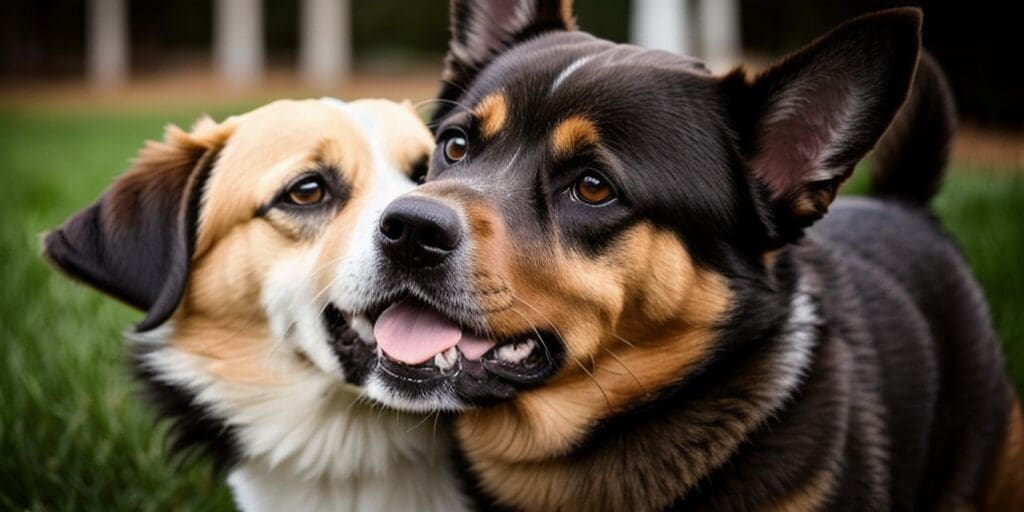 A close-up of two dogs, a brown and white dog and a black and tan dog, looking at each other with happy expressions on their faces.