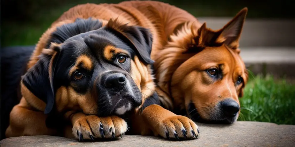 A brown and black dog and a brown dog are lying on a stone surface outdoors. The dogs are looking in different directions.