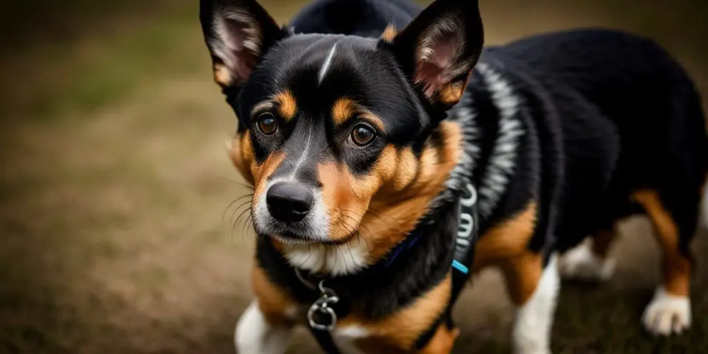 A black and tan Corgi dog with a white patch of fur on its chest and white paws is standing in a field. The dog is wearing a blue collar with a tag.