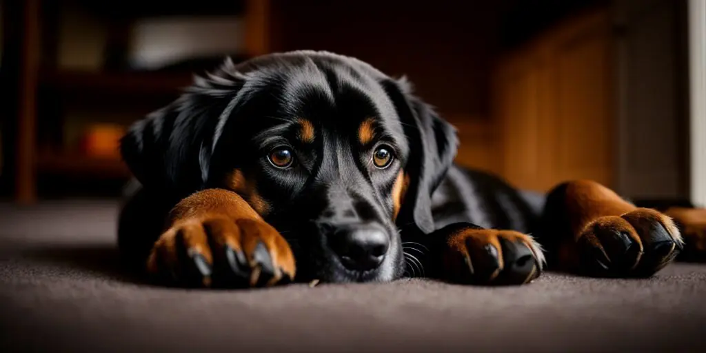 A black dog with brown paws and a white patch on its chest is lying on a brown carpet with its head resting on its paws. The dog is looking up at the camera with a sad expression in its eyes.